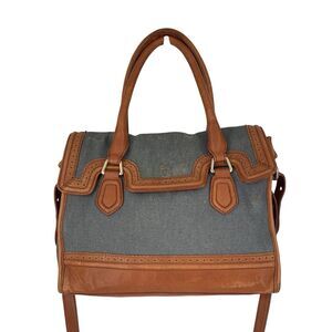 Cole Haan Blue Brown Leather Flap Brooke Tote Crossbody Canvas Spectator